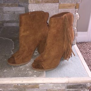 Tan suede, open toed, heeled booties